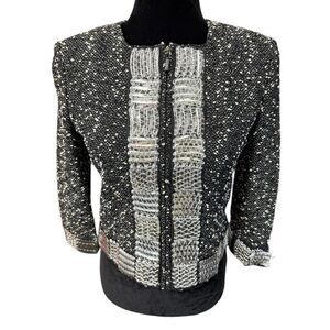 St. John Couture Black Tweed Jacket Sz 2 Beaded Metallic Trim Crystal